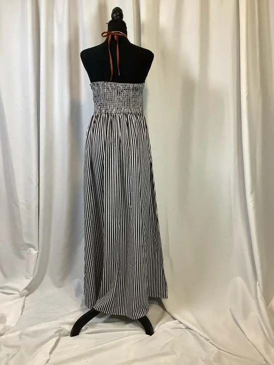 Black & White Striped Maxi Dress with Brown Trim - Picture 2 of 3